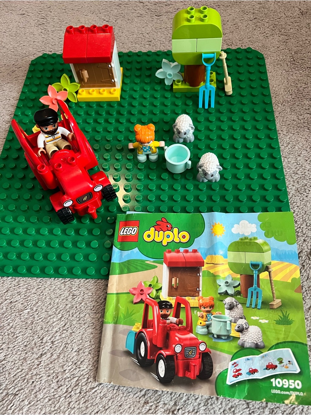 Lego Duplo Red Tractor with Green Base and Yellow Accents